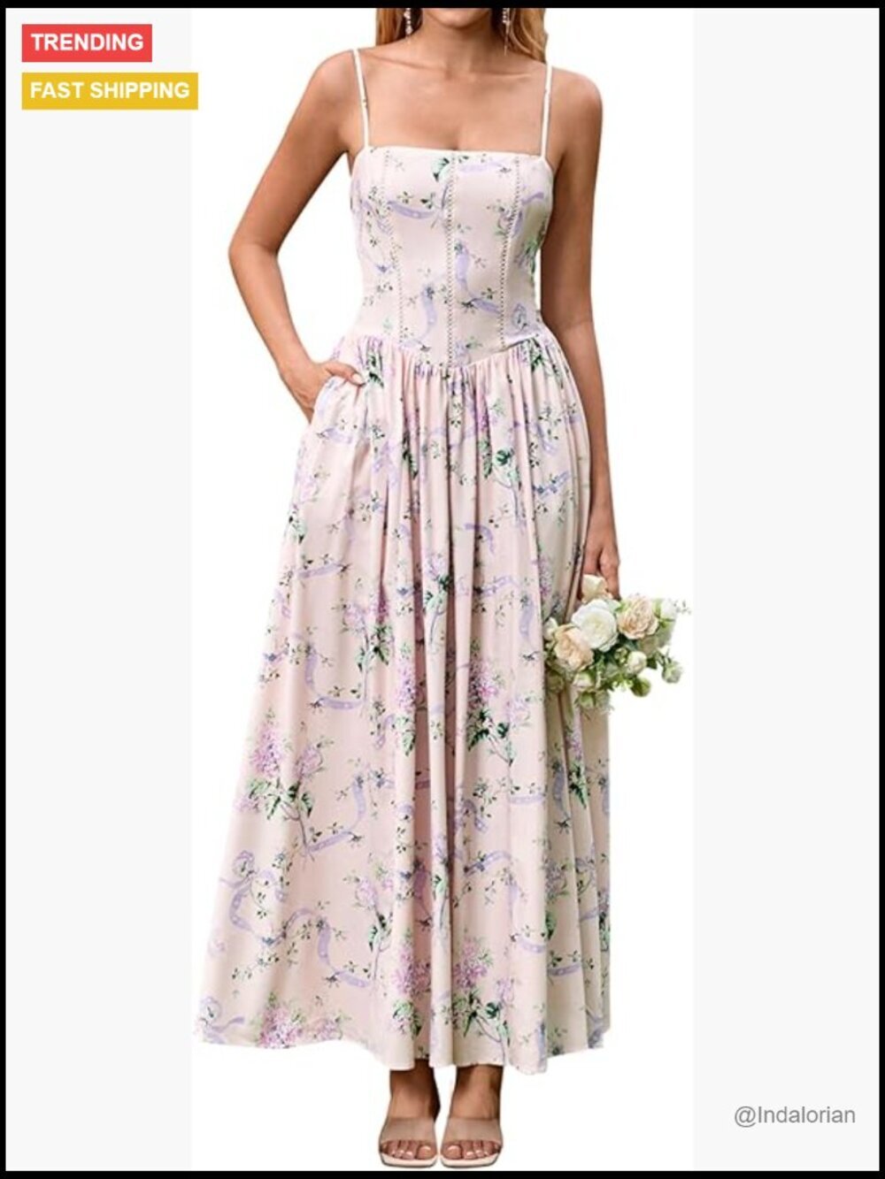 Floral Corset Long Maxi Dress Lace Up Flowy A Line with Pockets